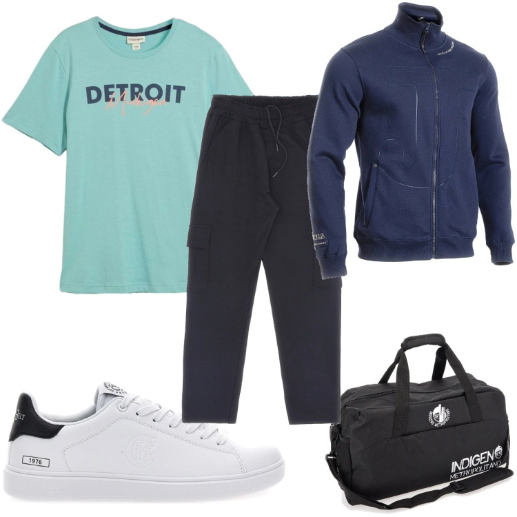 Outfit uomo - Total look #2327348. Stile Trendy per Sport. Abbinamento con t-shirt, borse sportive, felpe, pantaloni cargo, sneakers.
