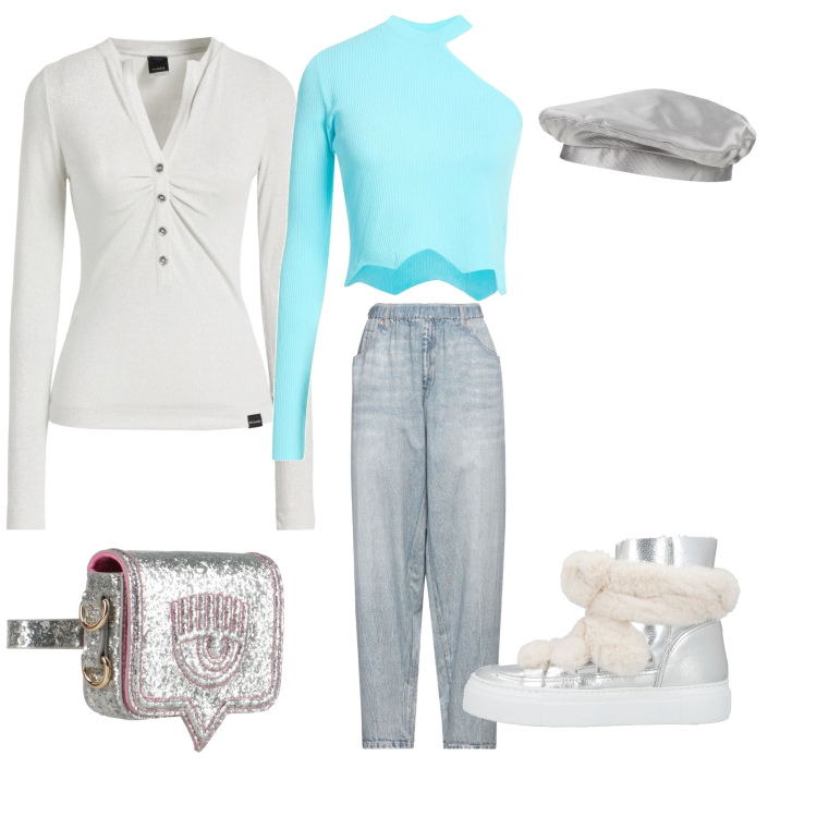 Outfit donna - Ice Futuristic Vibes. Stile Casual chic per Tutti i giorni. Abbinamento con marsupi, cappelli e berretti, jeans, pullovers, top, stivaletti.