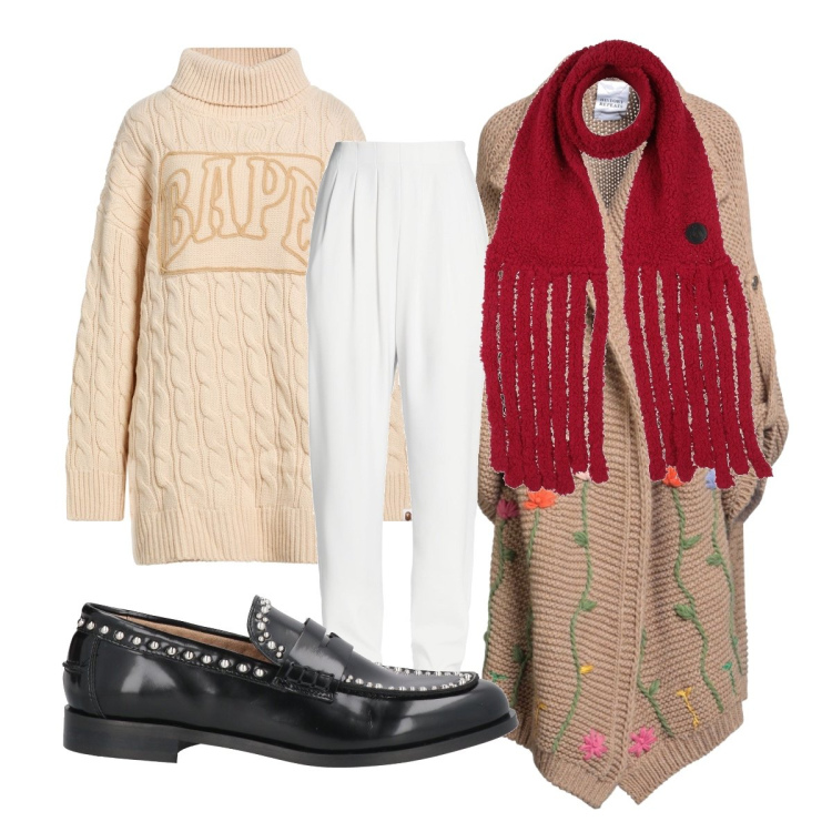 Outfit donna - Comodamente curvy. Stile Trendy per Tutti i giorni. Abbinamento con pantaloni, maglieria, sciarpe, mocassini, cardigans.