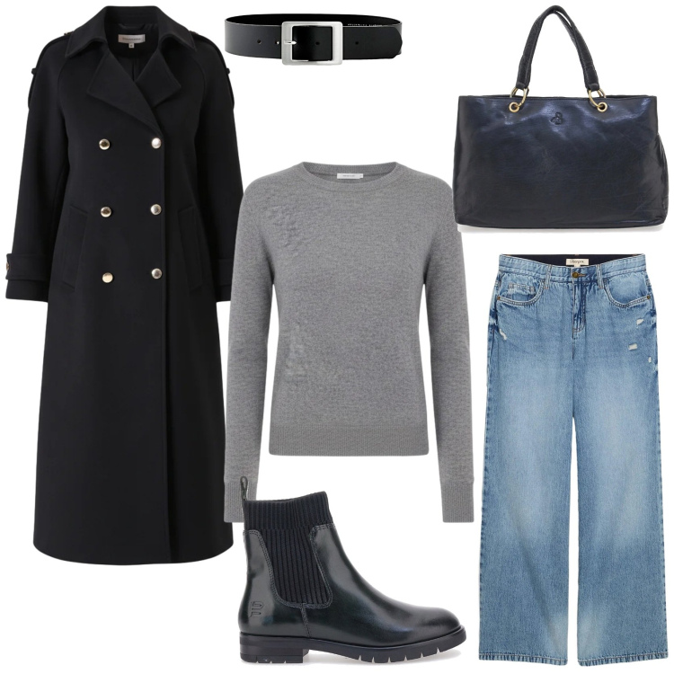 Outfit donna - A simple outfit. Stile Casual chic per Tutti i giorni. Abbinamento con jeans, cinture, cappotti, maglieria, borse a mano, stivaletti.
