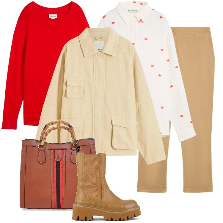 Outfit donna - Total look #2327357. Stile Boho per Tutti i giorni. Abbinamento con maglieria, camicie, blazer, borse a tracolla, pantaloni chino, stivaletti chelsea.