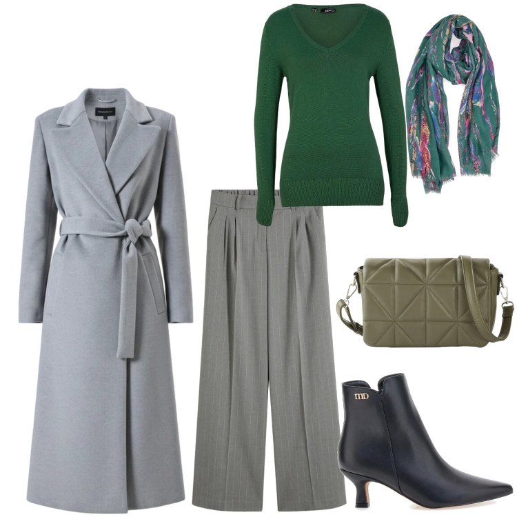 Outfit donna - In ufficio. Stile Casual chic per Ufficio. Abbinamento con maglieria, pantaloni a palazzo, borse a tracolla, cappotti, foulard, stivaletti.