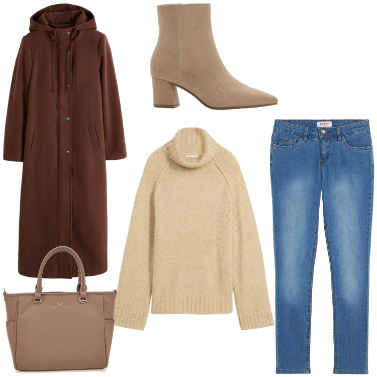 Outfit donna - In ufficio. Stile Casual per Ufficio. Abbinamento con maglieria, cappotti, jeans skinny, stivaletti, borse a tracolla.