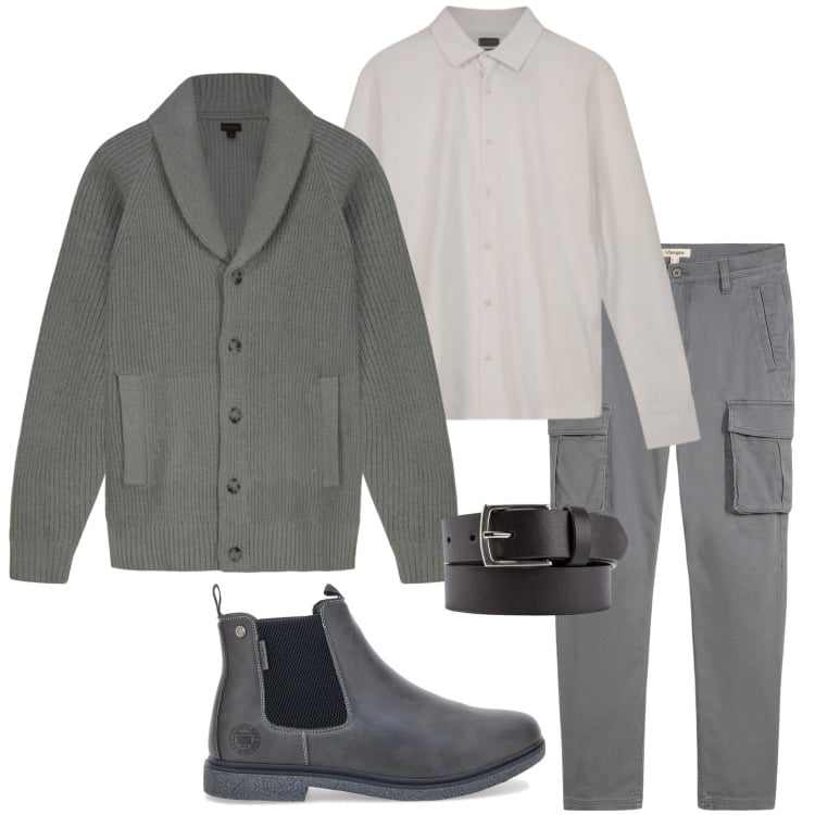 Outfit uomo - Casual style. Stile Casual per Tutti i giorni. Abbinamento con pantaloni cargo, stivali e stivaletti, cinture, polo, cardigans.