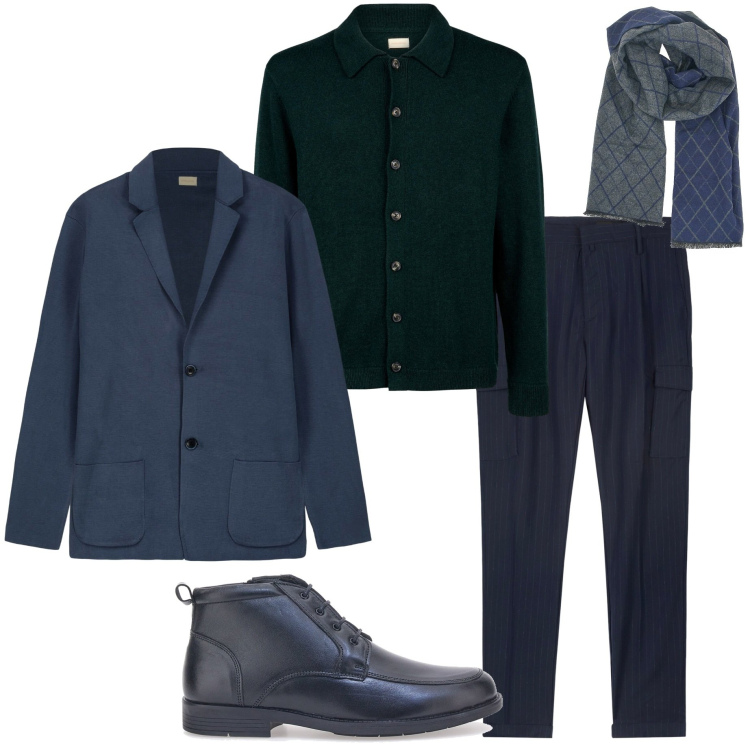 Outfit uomo - Ritorno del blu. Stile Business/Elegante per Ufficio. Abbinamento con scarpe stringate, sciarpe, pantaloni cargo, cardigans, polo.