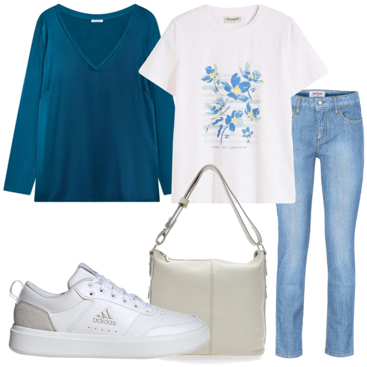 Outfit donna - La mezza stagione. Stile Casual per Tutti i giorni. Abbinamento con jeans slim fit, t-shirt, bluse, borse a spalla, sneakers.