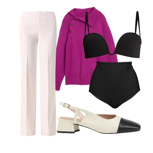Outfit donna - in ufficio a febbraio. Stile Casual chic per Ufficio. Abbinamento con culotte, maglieria, décolleté, pantaloni a palazzo, reggiseni.