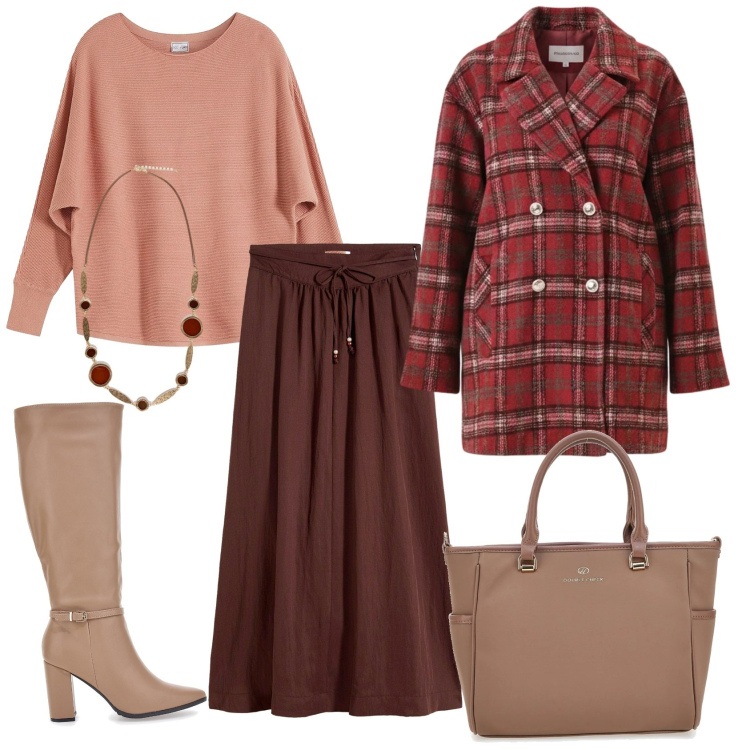 Outfit donna - Total look #2327385. Stile Casual chic per Ufficio. Abbinamento con gonne lunghe, maglieria, cappotti, borse a tracolla, collane, stivali.