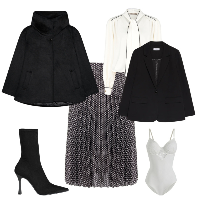 Outfit donna - Chic in bianco e nero. Stile Chic per Serata fuori. Abbinamento con body, stivaletti, bluse, gonne longuette, blazer, caban.