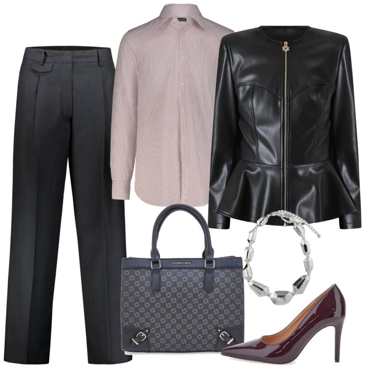 Outfit donna - Manager. Stile Mannish per Ufficio. Abbinamento con ciondoli, giacche, camicie, borse a tracolla, décolleté, pantaloni.