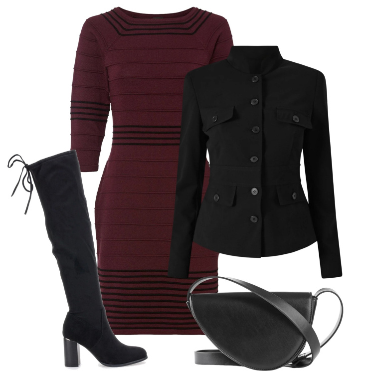 Outfit donna - Acquisti di gennaio. Stile Glamour per Ufficio. Abbinamento con vestiti corti, borse a tracolla, blazer, stivali sopra il ginocchio.
