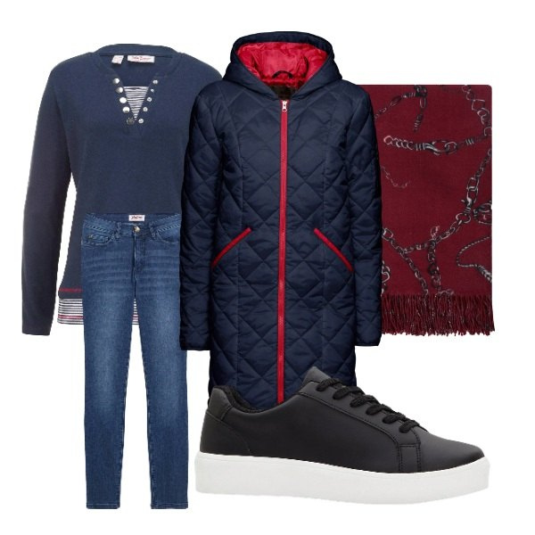 Outfit donna - blu e rosso bonprix. Stile Minimal per Tutti i giorni. Abbinamento con jeans slim fit, blazer, sneakers, maglieria, sciarpe.