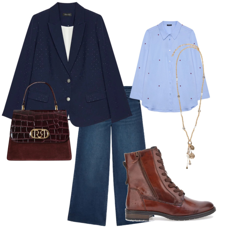 Outfit donna - Tempo libero. Stile Casual per Scuola/Università. Abbinamento con borse a mano, anfibi, jeans, camicie, ciondoli, blazer.