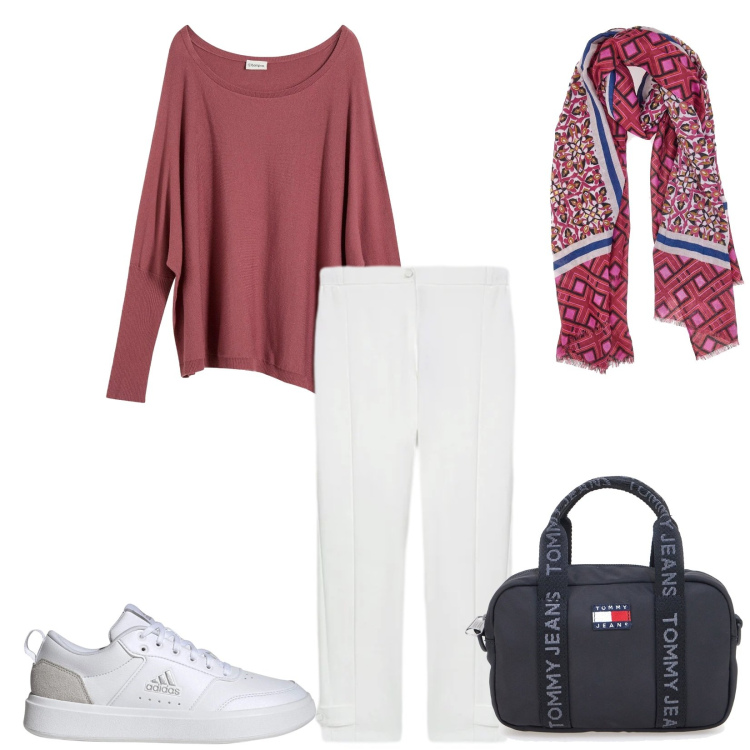 Outfit donna - Total look #2327398. Stile Sporty chic per Tutti i giorni. Abbinamento con maglieria, foulard, pantaloni, borse a tracolla, sneakers.