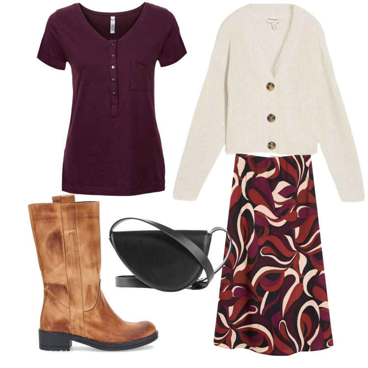 Outfit donna - Gonna e stivali. Stile Basic per Tutti i giorni. Abbinamento con t-shirt, borse a tracolla, gonne longuette, cardigans, stivali.