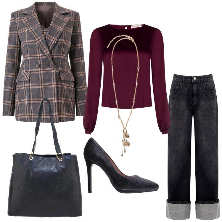 Outfit donna - Total look #2327402. Stile Casual chic per Ufficio. Abbinamento con décolleté, bluse, jeans, blazer, ciondoli, shopping bag.