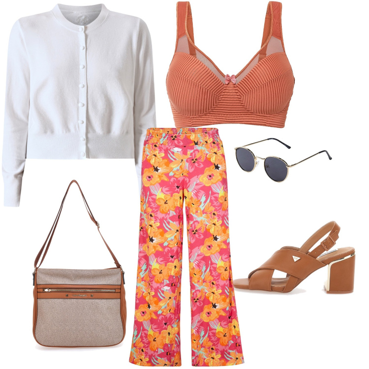 Outfit donna - Exotic Flower Power. Stile Boho per Tutti i giorni. Abbinamento con pantaloni a palazzo, occhiali da sole, reggiseni, cardigans, borse a tracolla, sandali col tacco.