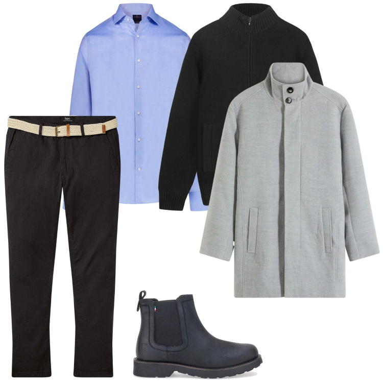 Outfit uomo - In serata. per Serata speciale. Abbinamento con pantaloni chino, cappotti, camicie, stivali e stivaletti, cardigans.