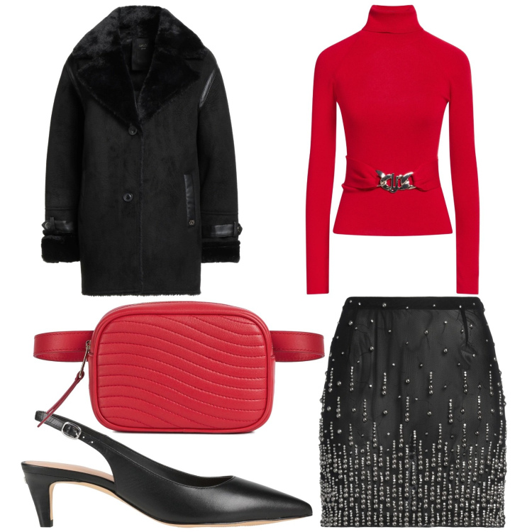 Outfit donna - Romantica il 14 Febbraio. Stile Glamour per Serata fuori. Abbinamento con marsupi, minigonne, cappotti, maglieria, décolleté.