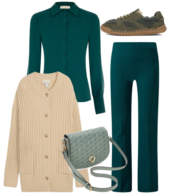 Outfit donna - Total smeraldo. Stile Basic per Tutti i giorni. Abbinamento con cardigans, pantaloni a palazzo, camicie, borse a tracolla, sneakers.
