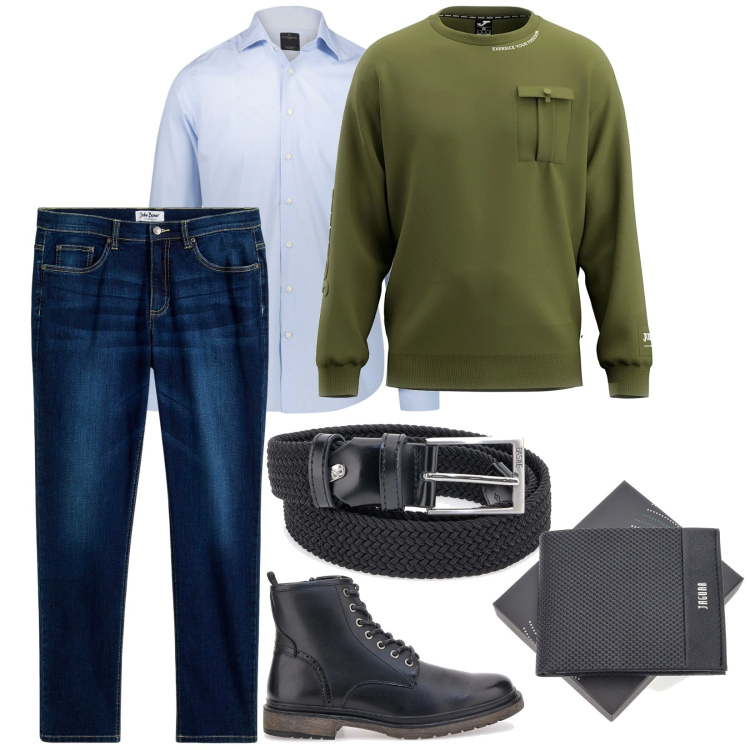 Outfit uomo - Felpa e camicia. per Ufficio. Abbinamento con jeans, camicie, portafogli, anfibi, felpe, cinture.