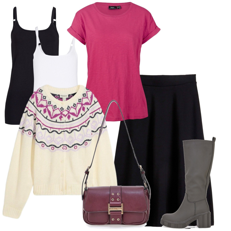 Outfit donna - Total look. Stile Bon Ton per Tutti i giorni. Abbinamento con t-shirt, top, gonne longuette, cardigans, stivali, borse a tracolla.