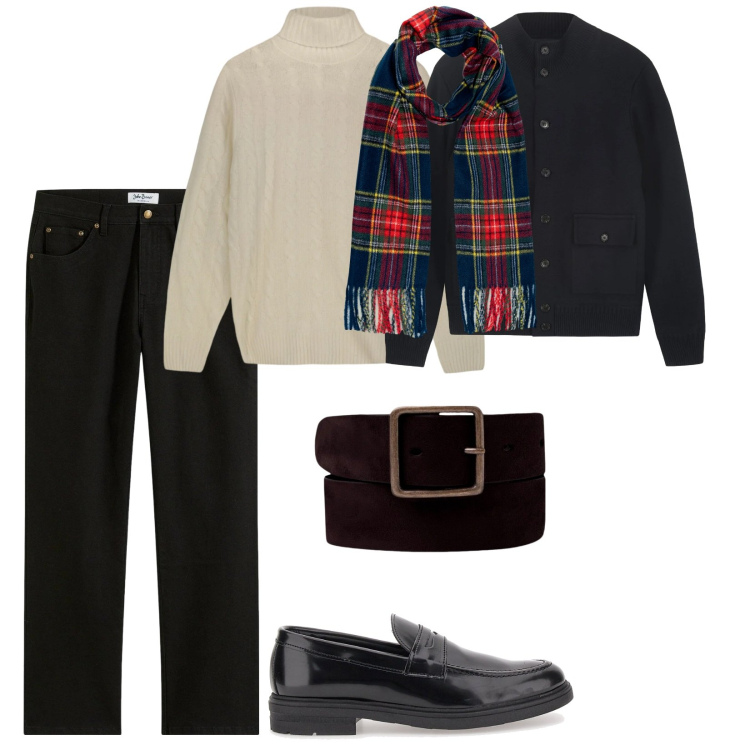 Outfit uomo - Sciarpa scozzese. per Serata speciale. Abbinamento con jeans dritti, scarpe stringate, giacche, sciarpe, maglieria, cinture.