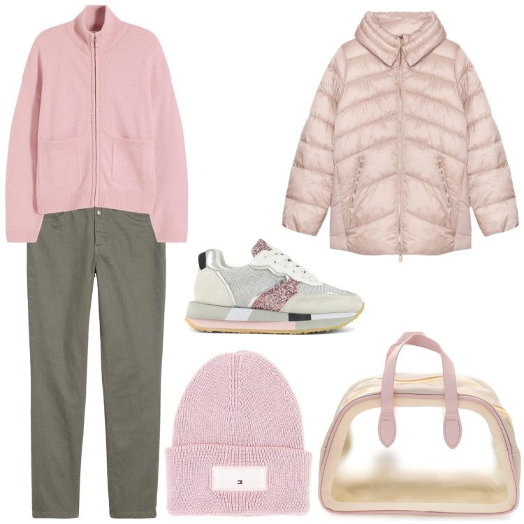 Outfit donna - Frozen Pink Gloss. Stile Casual chic per Scuola/Università. Abbinamento con cardigans, pantaloni, valigie, piumini, sneakers, cappelli.