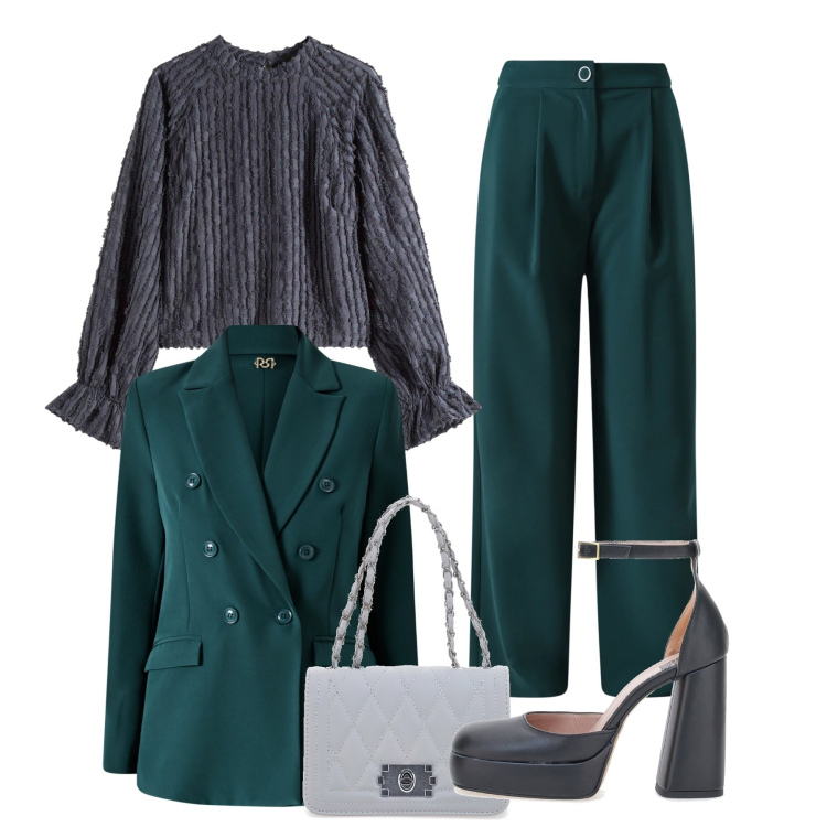 Outfit donna - Completo verde profondo. Stile Chic per Ufficio. Abbinamento con bluse, blazer, pantaloni a palazzo, borse a tracolla, scarpe col tacco.