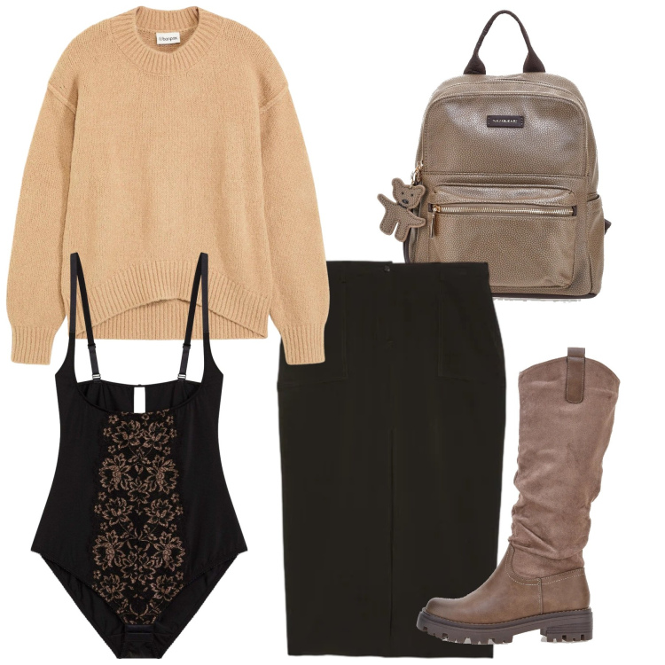 Outfit donna - Total brown. Stile Bon Ton per Tutti i giorni. Abbinamento con maglieria, body, stivali, gonne lunghe, zaini.