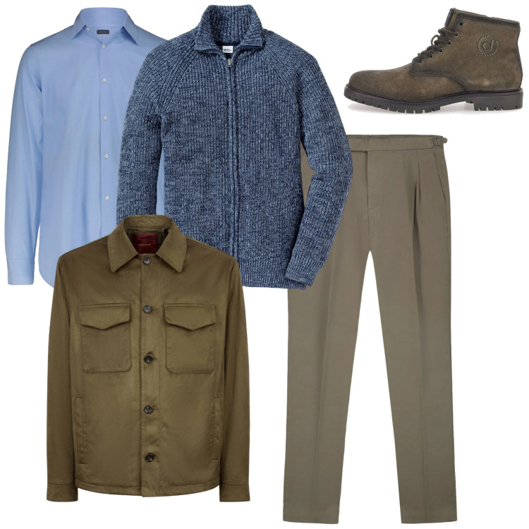 Outfit uomo - Total look. Stile Casual per Tutti i giorni. Abbinamento con cardigans, giacche, stivali e stivaletti, camicie, pantaloni.