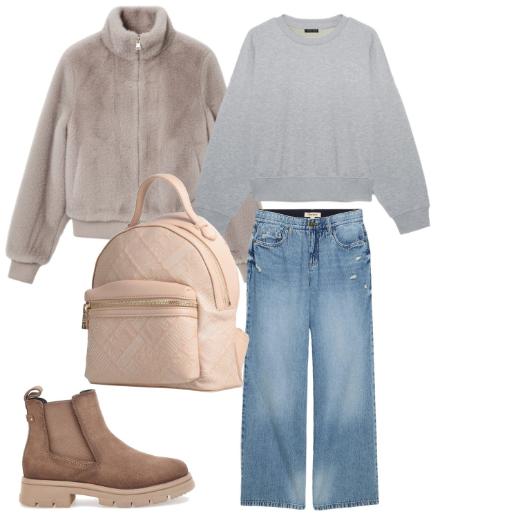 Outfit donna - sportivo. Stile Casual chic per Scuola/Università. Abbinamento con jeans, zaini, bomber, felpe, stivaletti chelsea.