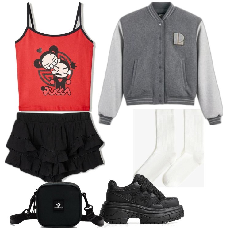 Outfit mujer - Preppy #90. Estilo Preppy para Todos los días. Combinación con top, bandoleras, faldas, blazers, sneakers, calcetines.