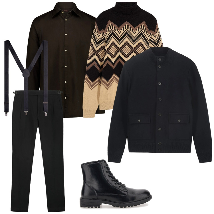 Outfit uomo - A cena. per Serata speciale. Abbinamento con maglieria, bretelle, giacche, anfibi, camicie, pantaloni.