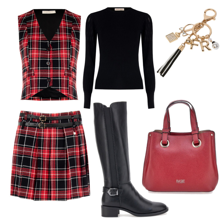 Outfit donna - Love, but make it fashion. Stile Trendy per Tutti i giorni. Abbinamento con pullovers, gilet, minigonne, borse a mano, portachiavi, stivali sopra il ginocchio.