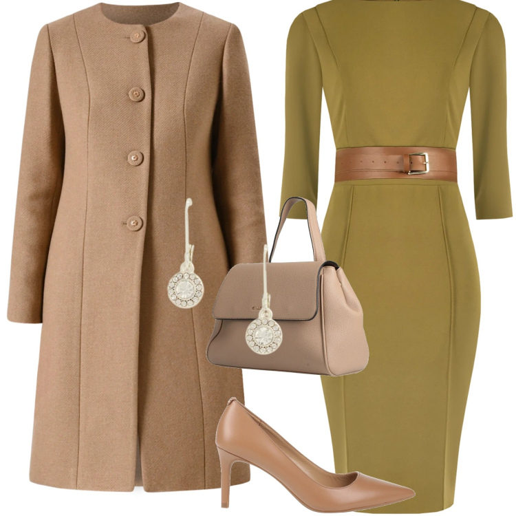Outfit donna - Abbinamento khaki e verde oliva. Stile Bon Ton per Tutti i giorni. Abbinamento con zaini, décolleté, cappotti, vestiti a tubino, orecchini.