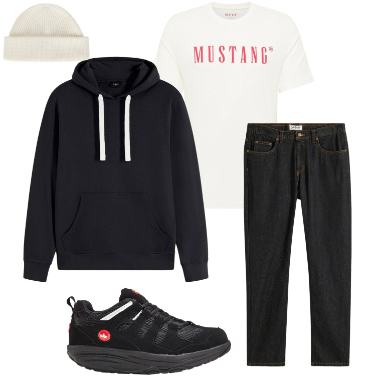 Outfit uomo - Mustang. Stile Casual per Tutti i giorni. Abbinamento con jeans dritti, felpe con cappuccio, sneakers, t-shirt, berretti.