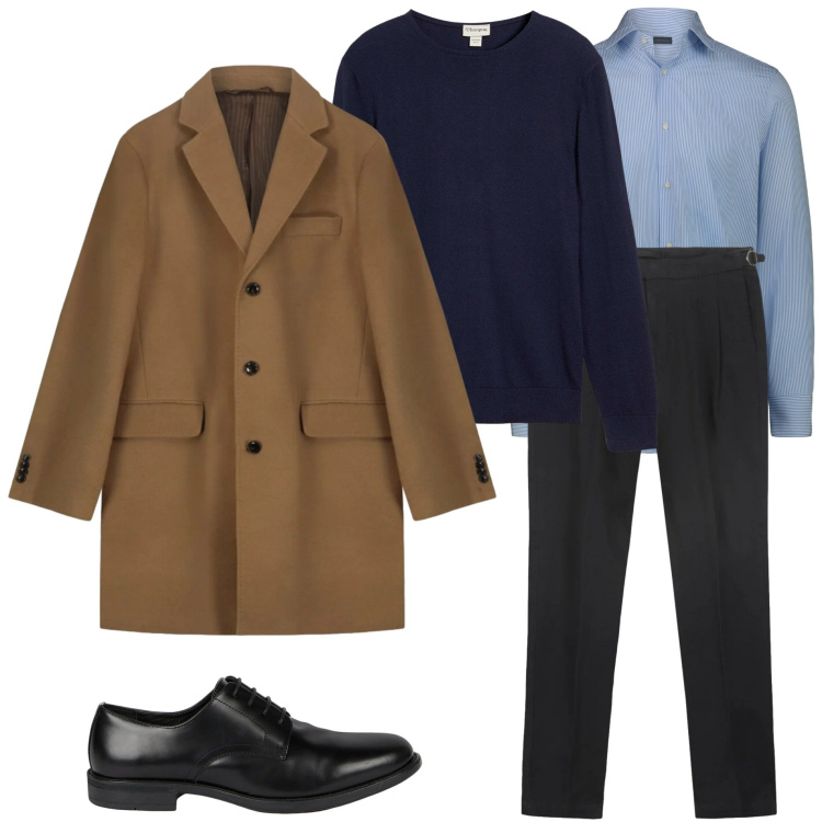 Outfit uomo - In città. Stile Urban per Ufficio. Abbinamento con maglieria, scarpe stringate, camicie, cappotti, pantaloni.