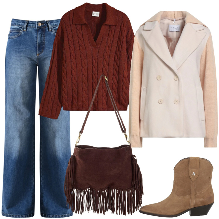 Outfit donna - Stile western. Stile Etnico per Scuola/Università. Abbinamento con borse a tracolla, maglieria, caban, stivaletti texani, jeans.