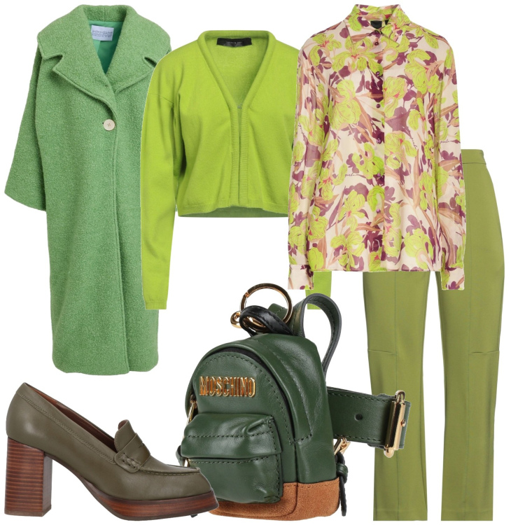 Outfit donna - Il verde invernale. Stile Trendy per Tutti i giorni. Abbinamento con cardigans, cappotti, marsupi, mocassini, camicie, pantaloni.