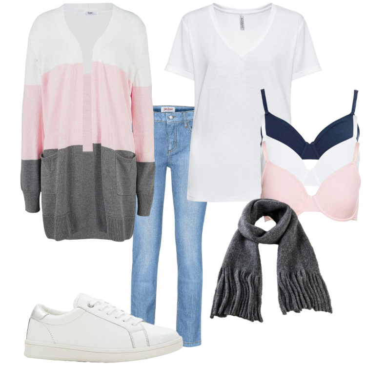 Outfit donna - Total look #2327483. Stile Casual per Tutti i giorni. Abbinamento con sneakers, t-shirt, jeans slim fit, reggiseni, cardigans, sciarpe.