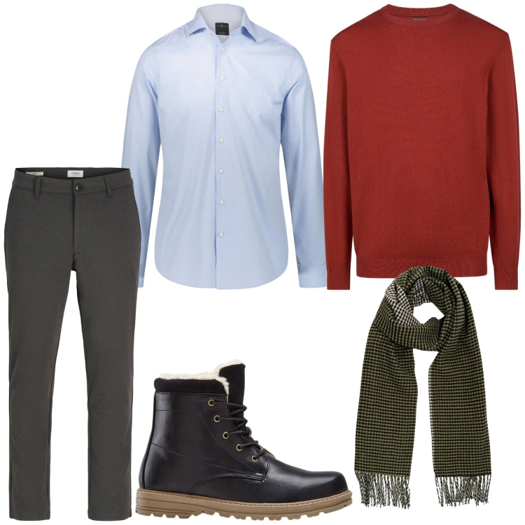 Outfit uomo - Look invernale. Stile Trendy per Ufficio. Abbinamento con stivali e stivaletti, pantaloni chino, camicie, maglieria, sciarpe.