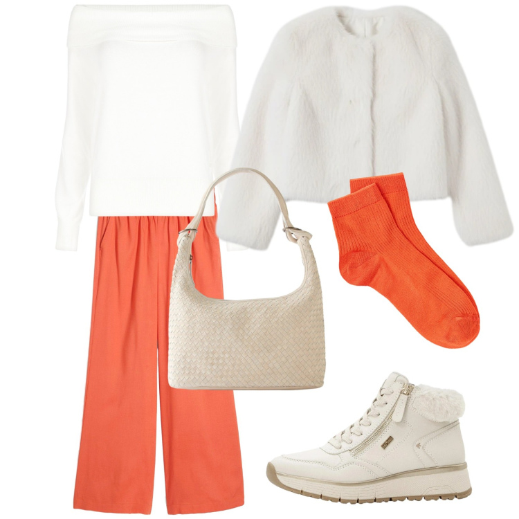 Outfit donna - Total look #2327498. Stile Casual chic per Tutti i giorni. Abbinamento con shopping bag, pantaloni a palazzo, sneakers, maglieria, ecopellicce, collant.