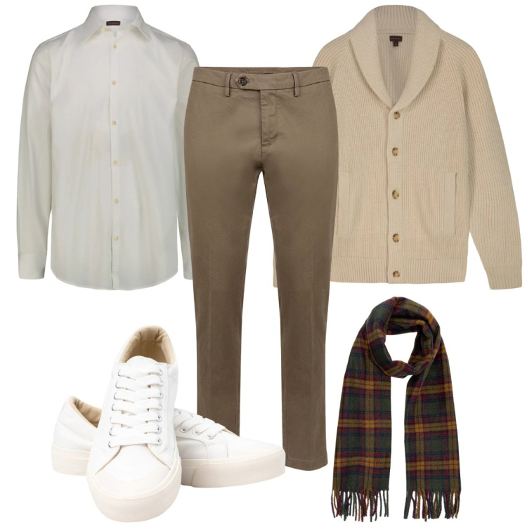 Outfit uomo - Total look #2327509. Stile Casual per Tutti i giorni. Abbinamento con sneakers, pantaloni chino, sciarpe, camicie, cardigans.