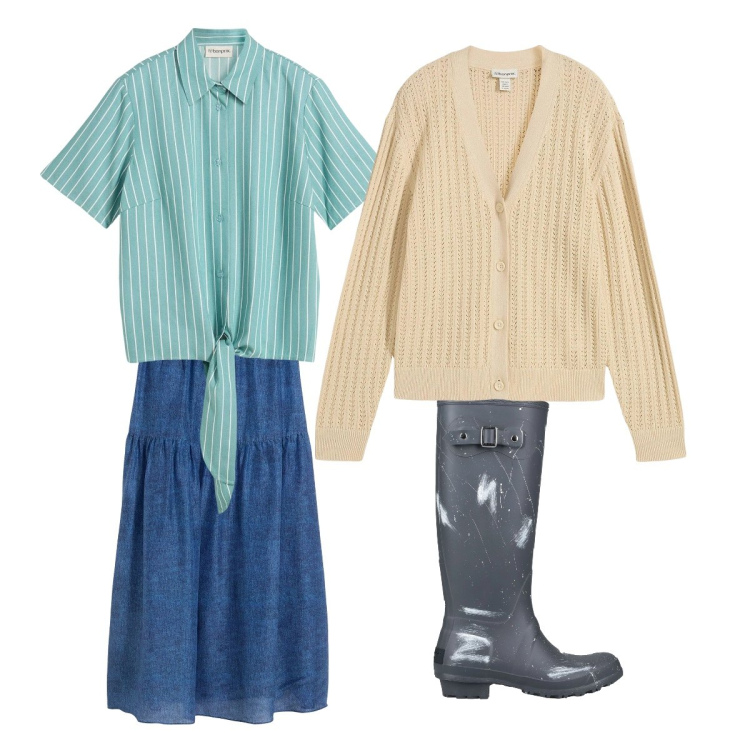 Outfit donna - Nel caso piova. Stile Urban per Tutti i giorni. Abbinamento con camicie a manica corta, cardigans, gonne lunghe, stivali di gomma.