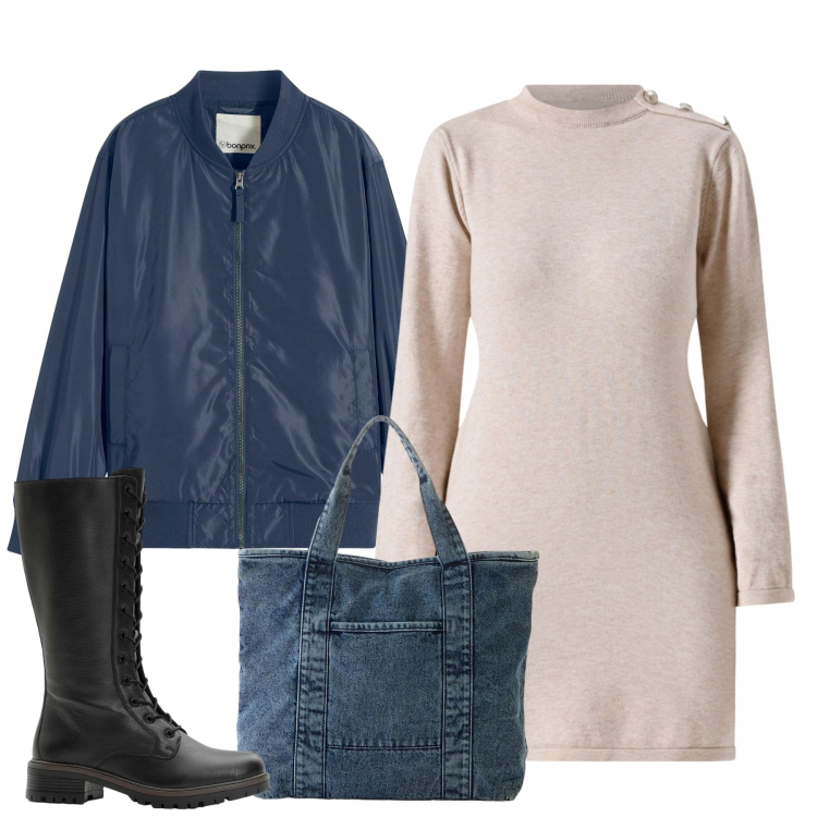 Outfit donna - Total look. Stile Bon Ton per Tutti i giorni. Abbinamento con shopping bag, bomber, stivali, vestiti corti.