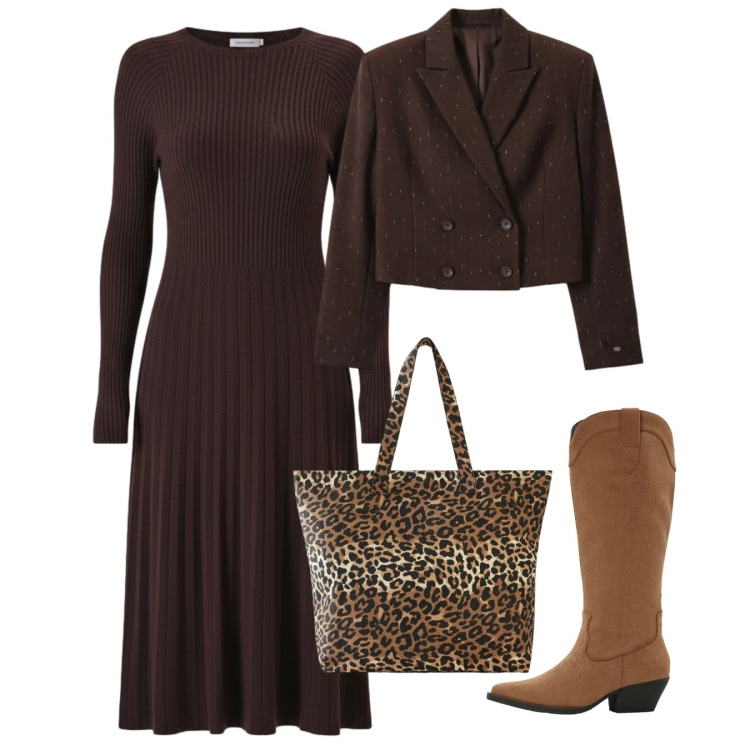 Outfit donna - Ton sur ton. Stile Bon Ton per Tutti i giorni. Abbinamento con shopping bag, stivali, vestiti midi/longuette, blazer.