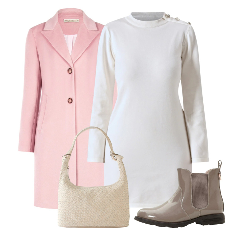 Outfit donna - Tenue. Stile Bon Ton per Ufficio. Abbinamento con shopping bag, stivaletti chelsea, vestiti corti, cappotti.