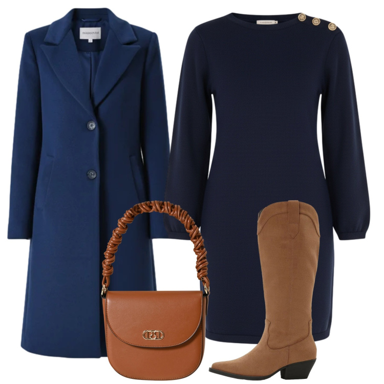 Outfit donna - Blu su blu. Stile Bon Ton per Tutti i giorni. Abbinamento con stivali, borse a mano, vestiti a tubino, cappotti.