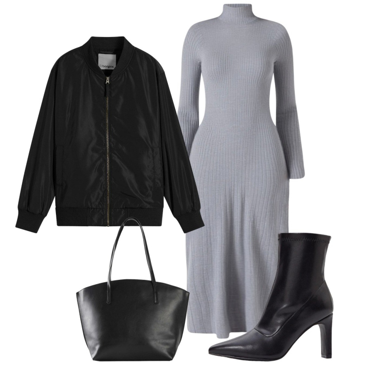 Outfit donna - Total look. Stile Bon Ton per Tutti i giorni. Abbinamento con shopping bag, stivaletti, bomber, vestiti midi/longuette.